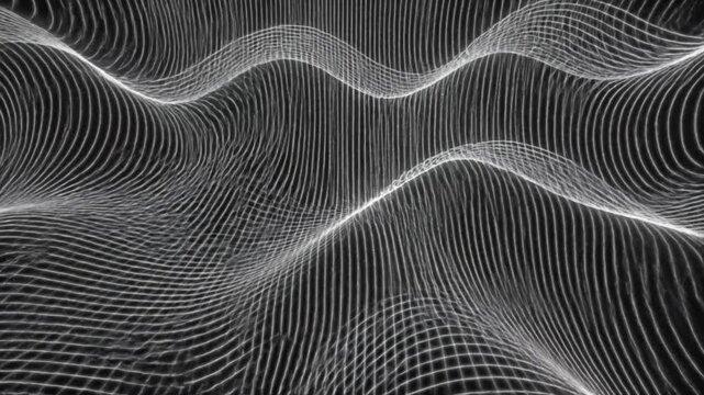 Abstract white vertical lines forming repeating wavy patterns and undulating textures on black background for technological and digital motion graphic visuals.