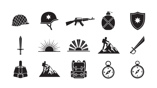 Military War Icons Grid with Helmet, Rifle, Crossbones, Shield, Sword, Commander, Compass, and Backpack Symbols