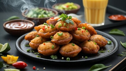Fototapeta premium Indian street food platter featuring golden-brown fried snacks garnished with green herbs, served with various dipping sauces and a refreshing drink in the background