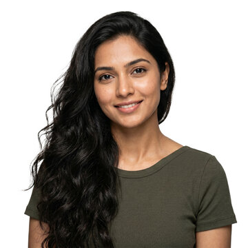 Beautiful Indian woman smiling portrait isolated on transparent background, confident young south asian female corporate headshot png