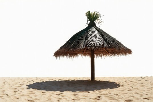 Thatched Palm Leaf Beach Umbrella on Sandy Shore