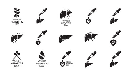 Obraz premium World Hepatitis Day Icons Set with Liver Symbols, Medical Dropper and Heart Icons on Clean White Background