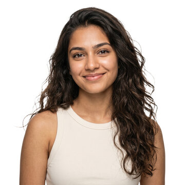 Smiling Young South Asian Woman with Long Curly Hair Portrait, Cutout Isolated on Transparent Background