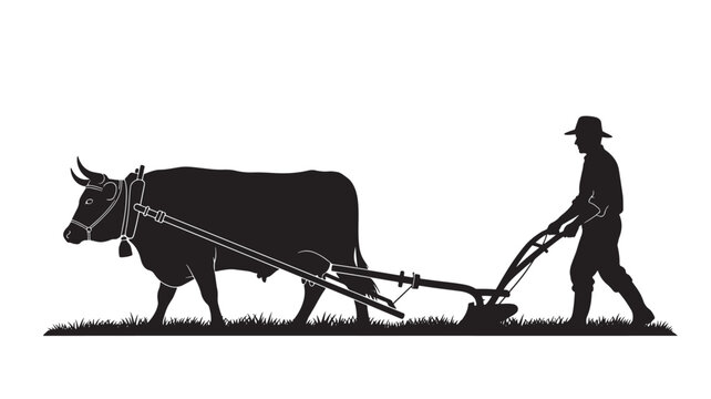 Cow Silhouettes with Plowing Yoke and Plow, Featuring a Rancher Walking in a Field for Farming Illustration
