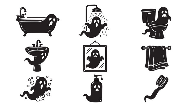 Ghost Silhouette Icons Bundle with Bathroom Fixtures, Shower, Toilet, and Floating Spectral Faces in Monochrome Style