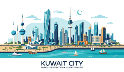 Fototapeta premium Kuwait City Skyline Panorama Vector Banner with Architectural Landmarks