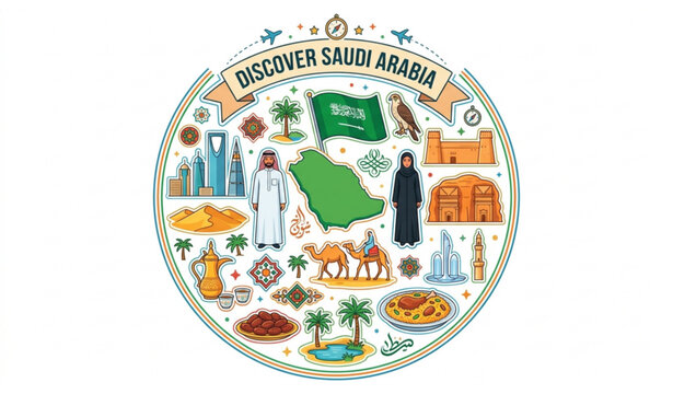 Saudi Arabia Travel Sticker Set Infographic with Landmarks Traditional Culture and Food Vector