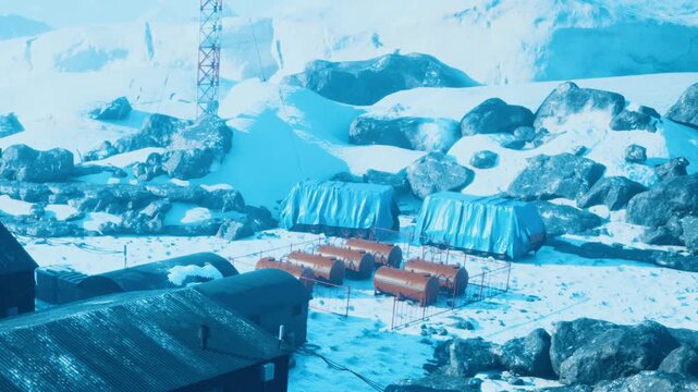A research station is set up in a snowy area. Several tents are arranged in a row. Rocks are scattered around the site, and buildings are nearby. The scene shows winter conditions.