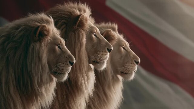 Group of three majestic male lions standing side by side against a red and white St George flag background representing English soccer pride