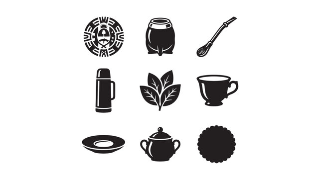 Tea Cup, Yerba Leaf, and Traditional Mate Gourd Icons Set for Argentina Independence Day Celebration