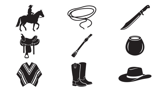 Cowboy Icons Set with Horse, Lassoo, Knife, Pistol, Rope, Candle, Poncho, Boots, and Hat Silhouettes