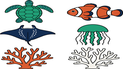 Marine life vector set with sea turtle, clownfish, manta ray, jellyfish and coral reef, cute ocean animal collection in flat cartoon style isolated on white background © NurFatimah