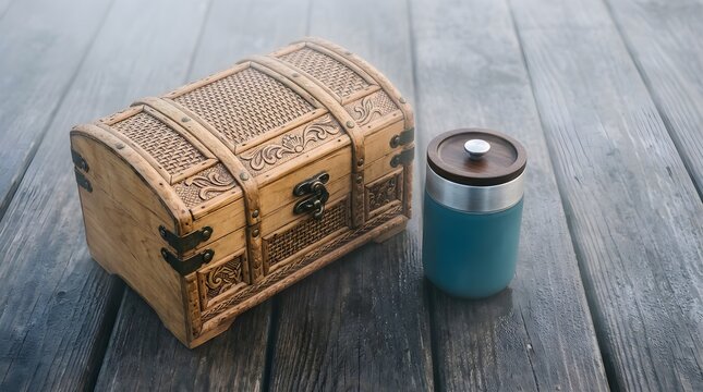 Carved Wooden Chest with Metal Clasps and Small Teal Travel Container on Surface
