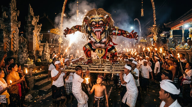 Ogoh-ogoh demon statue parade during balinese nyepi festival celebration night with ceremony tradition indonesia festival spiritual celebration mythology