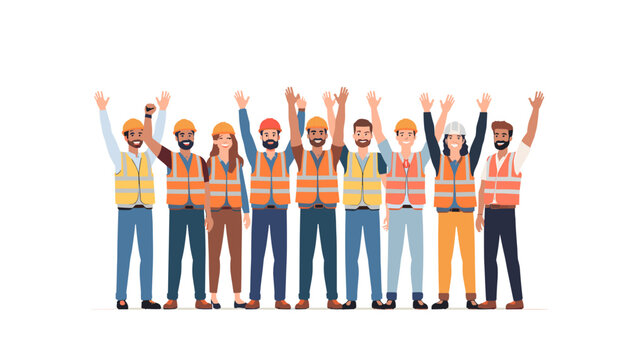 A diverse group of happy construction workers and builders wearing hard hats and safety vests, standing together with raised arms, celebrating teamwork and success.