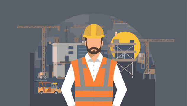 A man in a hard hat and safety vest stands before a busy construction site with cranes and buildings under development.