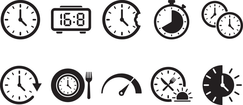 Various time related icons featuring clocks digital displays timers and scheduling symbols for efficiency and time management concepts.