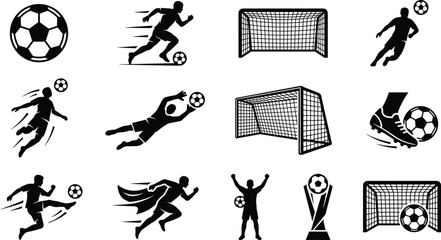 Soccer elements collection with silhouettes of players kicking ball goalkeeper saving goal net trophy cup and soccer boot isolated on white background vector © SREEMOTIDIPIKA