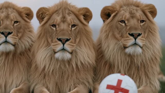 Three majestic male lions side by side on a football pitch inside a stadium under bright floodlights representing England soccer