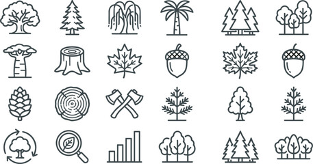 Forest Tree and Woodland Ecology Icon Collection with Botanical Nature Elements, Sustainable Forestry Symbols, Environmental Conservation and Natural Landscape Outline Vector Set © MdSumon