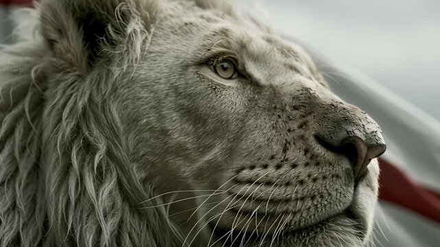 Close up portrait of a noble male lion draped in a red and white St George flag representing English football team pride