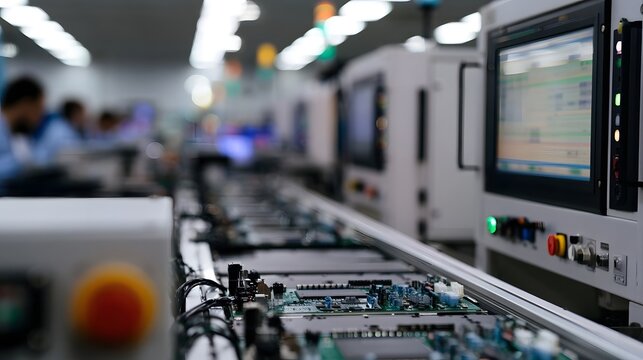 A dynamic view of a powerful electronic assembly line symbolizing modern industrial production and technological innovation