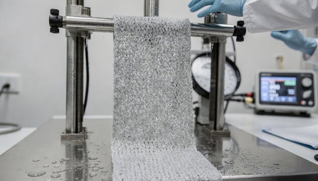 Medium shot capturing fabric undergoing wet tensile testing highlighting the influence of moisture on the elongation and durability of weft knit textiles in a lab setting.