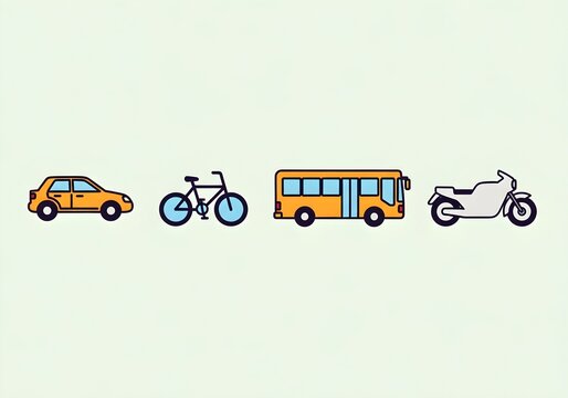 simple means of transportation consisting of cars, bicycles, buses and motorbikes in sequence.
