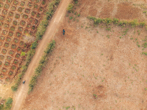 Drone view of a dirt path dividing a barren field and a patterned farmland area.
