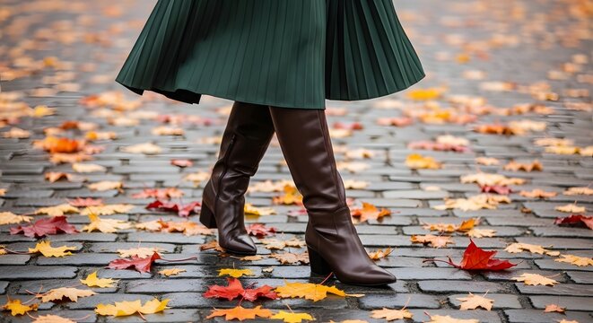 Woman's legs walking on autumn cobblestone path with fallen leaves