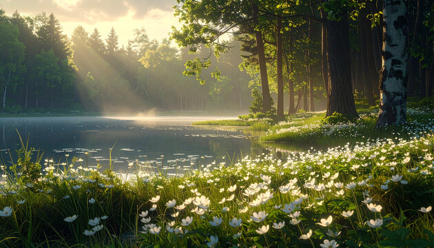 Forest lake landscape sunlight