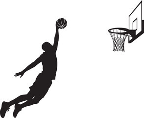 Obraz premium Dynamic basketball player slam dunk silhouette vector illustration with hoop and ball isolated on white background sports design