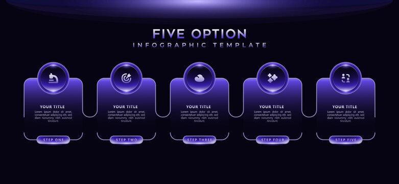 Modern technology infographic template. 5 step process flow, neon gradient connections, analytic icons, business presentation layout, chart visualization, editable vector elements on dark background.
