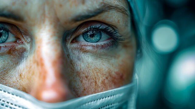 Intense gaze of a frontline worker, strength and vulnerability