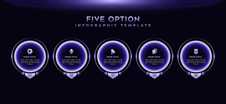 Modern technology infographic template. 5 step process flow, neon gradient connections, analytic icons, business presentation layout, chart visualization, editable vector elements on dark background.
