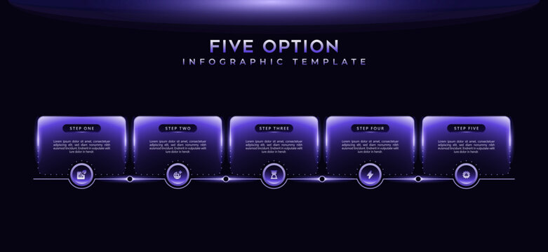 Modern technology infographic template. 5 step process flow, neon gradient connections, analytic icons, business presentation layout, chart visualization, editable vector elements on dark background.