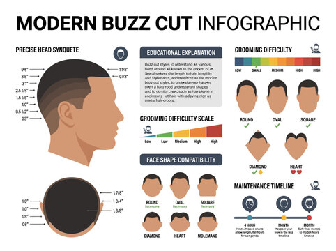 Modern buzz cut infographic: A guide for men covering precise measurements, grooming, face shapes, and maintenance.