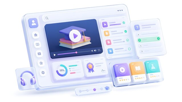 3D E-Learning Dashboard Mockup Icon with Course Cards, Video Player UI and Progress Tracking Interface