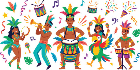  Brazilian Carnival music band character set with festive street drummers dancing trumpet player maracas and confetti vector illustration isolated © Sreemotimadhobi