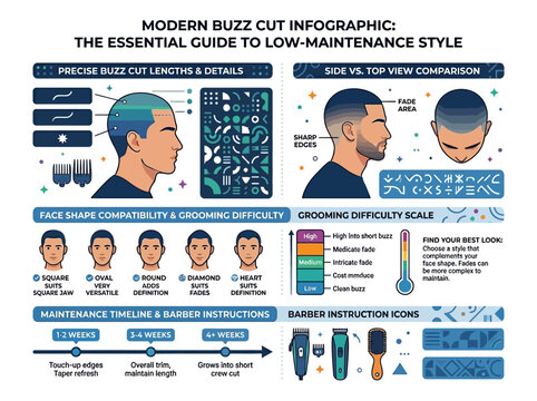 Modern Buzz Cut Infographic Guide Illustrating Professional Hair Styling Techniques and Grooming Maintenance
