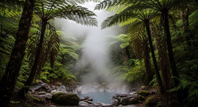 Forest landscape with steam
