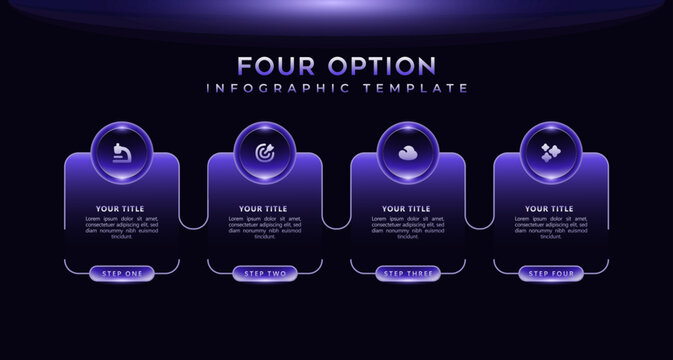 Neon gradient infographic template. 4 stage workflow layout, data analysis icons, technology dashboard elements, business report visualization, editable vector presentation design on dark background.