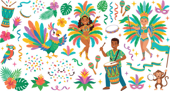  Brazilian Carnival samba dancer character set with drum musicians colorful parrot feathers maracas and tropical flowers vector