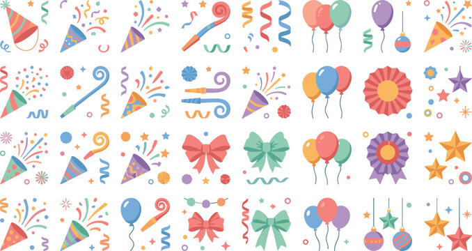 Colorful birthday party icon set with confetti poppers balloon bouquets ribbon bows and award rosettes vector illustration isolated on white