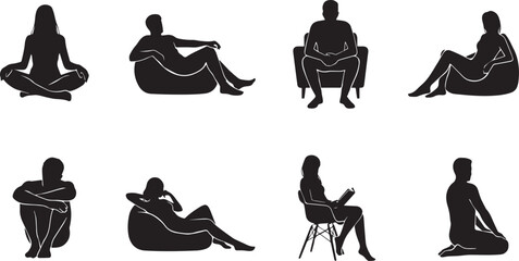 Obraz premium People Sitting and Relaxing Silhouette Set Vector Illustration with Casual Poses, Reading, Meditation and Leisure Activities