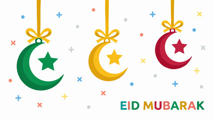 Eid Mubarak greeting design with colorful crescent moons and stars © Tahphoto
