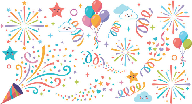  Cute cartoon party icon set with colorful fireworks confetti popper balloons and happy smiling clouds vector illustration isolated
