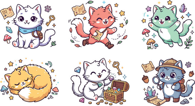 Cute fantasy cat adventurer cartoon character set with little explorer kittens treasure chest maps and crystals vector illustration isolated