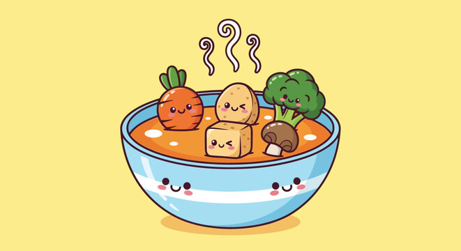 Cute Kawaii Vegetables and Tofu in a Bowl of Soup, Cartoon Food Illustration