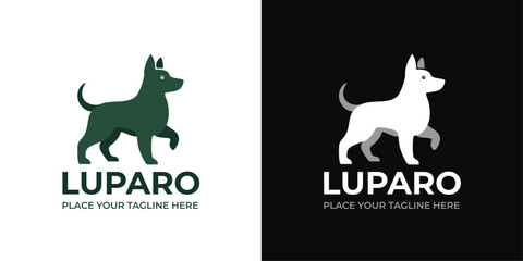 Minimalist Wolf Silhouette Vector Logo Design Featuring Walking Wild Luparo Dog on White and Black Backgrounds © Ahmed